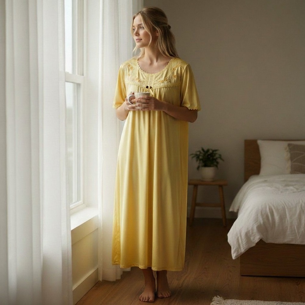 Vintage Nines Womens Satin Nightgown Size M Cottagecore 70s Romantic Yellow Slip